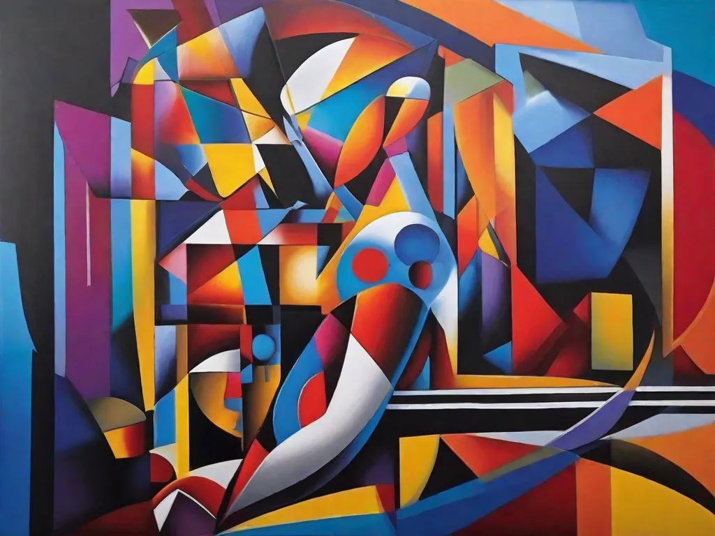 Descrição: Uma pintura vibrante e abstrata que incorpora a essência do Cubismo. Formas geométricas se intersectam e se sobrepõem, criando uma composição dinâmica. Cores ousadas e formas fragmentadas evocam um senso de movimento e múltiplas perspectivas, convidando os espectadores a explorar as camadas intricadas desse estilo artístico.