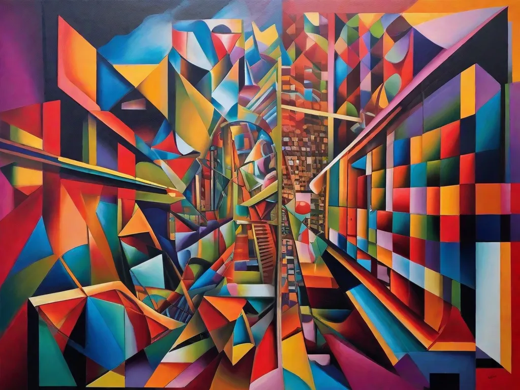 Descrição: Uma pintura abstrata inspirada no Cubismo, apresentando formas geométricas fragmentadas e cores vibrantes e ousadas. A imagem mostra uma perspectiva única, com formas sobrepostas e múltiplos pontos de vista, criando uma composição dinâmica e visualmente impactante.