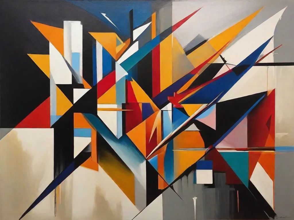 Descrição: Uma pintura abstrata inspirada no Cubismo, exibindo uma composição dinâmica de formas geométricas e formas fragmentadas. Cores ousadas e vibrantes se intersectam com ângulos agudos e planos sobrepostos, criando uma representação visualmente cativante e não convencional do assunto. A obra de arte incorpora a essência do Cubismo, com ênfase em múltiplas