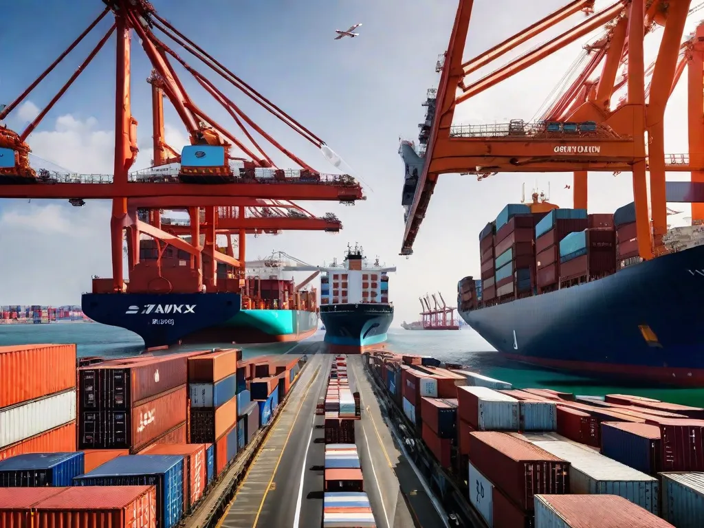 A imagem retrata um porto movimentado com grandes navios de carga atracados e guindastes levantando contêineres. A cena mostra a natureza global da importação, com várias bandeiras representando diferentes países voando alto. Um senso de movimento e comércio é transmitido através dos trabalhadores ocupados e pilhas de contêineres aguardando distribuição.