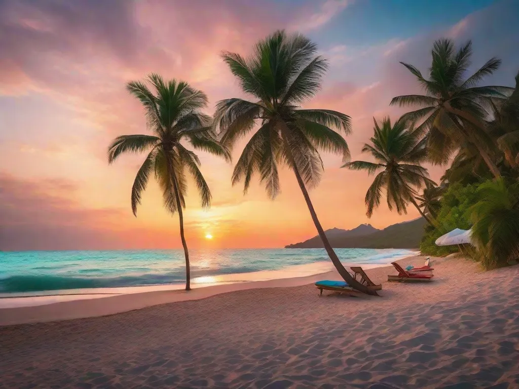 Uma imagem deslumbrante de um oceano turquesa se estendendo até o horizonte, com um pôr do sol vibrante pintando o céu em tons de laranja e rosa. Na frente, uma rede balança suavemente entre duas palmeiras, convidando ao relaxamento e à sensação de estar em umas férias dos sonhos.