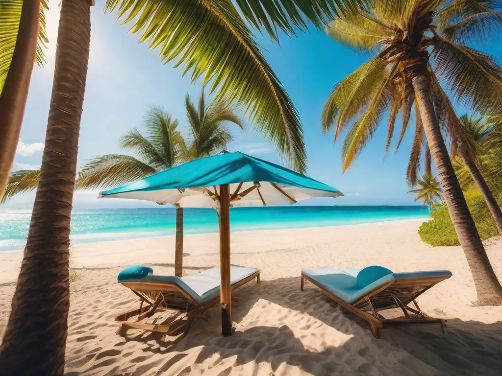 Uma imagem vibrante de uma praia pitoresca com águas cristalinas e turquesa, enquadrada por palmeiras e areia dourada. O sol está lançando um brilho quente sobre a cena, convidando os espectadores a embarcar em uma jornada de exploração e relaxamento.