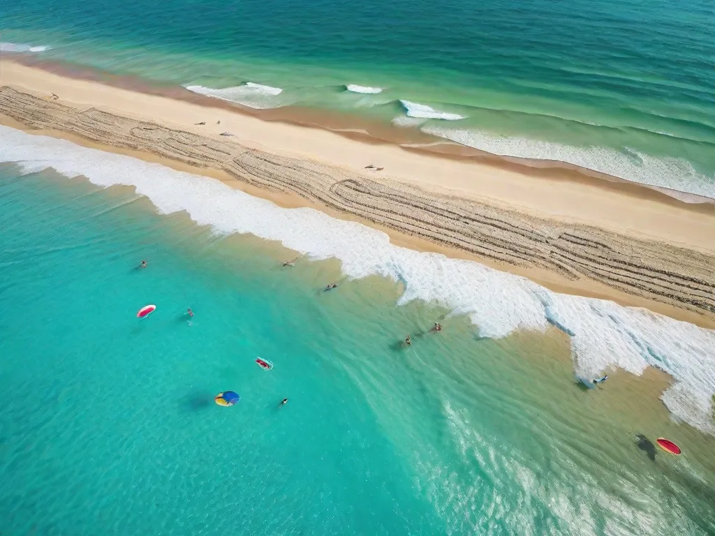 Uma imagem vibrante de um dia de verão escaldante na praia, com areia dourada se estendendo sob um céu azul claro. Banhistas relaxam em toalhas de praia coloridas, enquanto outros mergulham nas ondas turquesa cintilantes. O calor irradia do sol, criando o cenário perfeito para um mergulho refrescante ou uma bebida gelada.