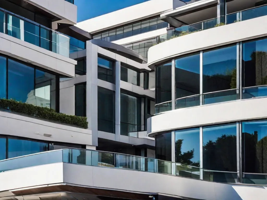 Descrição da imagem: Um close-up de um prédio de apartamentos moderno contra um céu azul claro. O design elegante e as janelas de vidro refletem a paisagem urbana ao redor, simbolizando a natureza dinâmica e próspera do direito imobiliário.