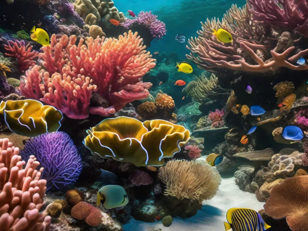 Uma imagem em close-up de um vibrante recife de corais, mostrando a diversidade de espécies e as intrincadas relações simbióticas. Essa imagem representa o conceito de biologia evolutiva, destacando a adaptação e evolução dos organismos ao longo do tempo em resposta ao seu ambiente.