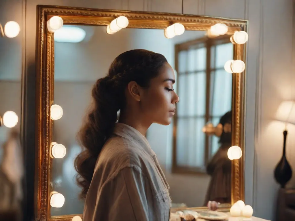Uma imagem em close-up do reflexo de uma pessoa em um espelho, com os olhos fechados e uma expressão serena no rosto. O espelho representa a autorreflexão e a introspecção, simbolizando a jornada de autoconhecimento e crescimento pessoal.
