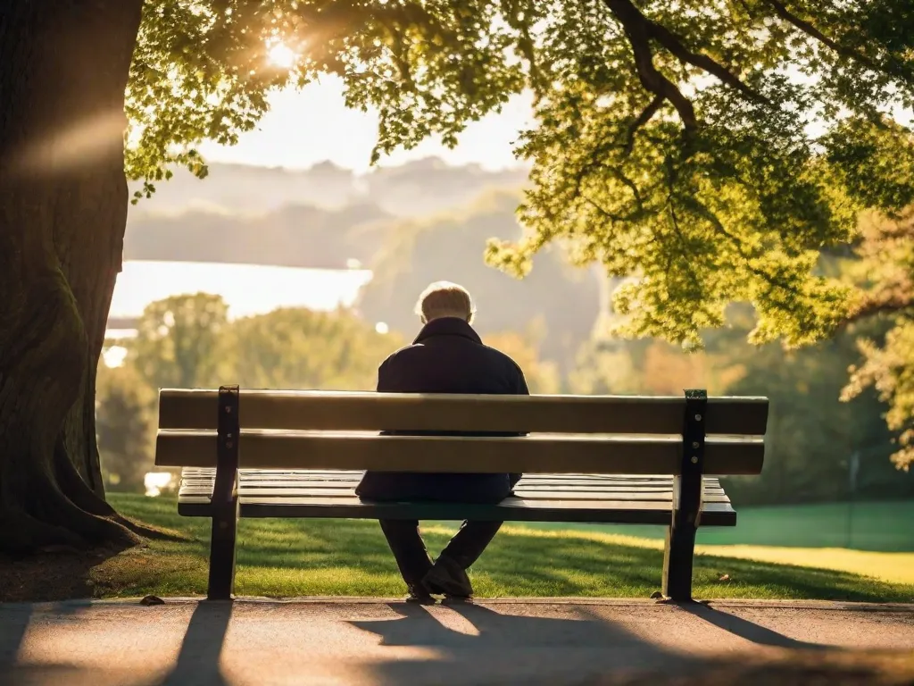 Descrição da imagem: Uma pessoa sentada sozinha em um banco de parque, absorta em pensamentos. A luz do sol atravessa as árvores, lançando um brilho quente em seu rosto. Sua postura corporal reflete introspecção e contemplação, enquanto se envolve em um momento de autorreflexão e explora seus pensamentos e emoções internas.