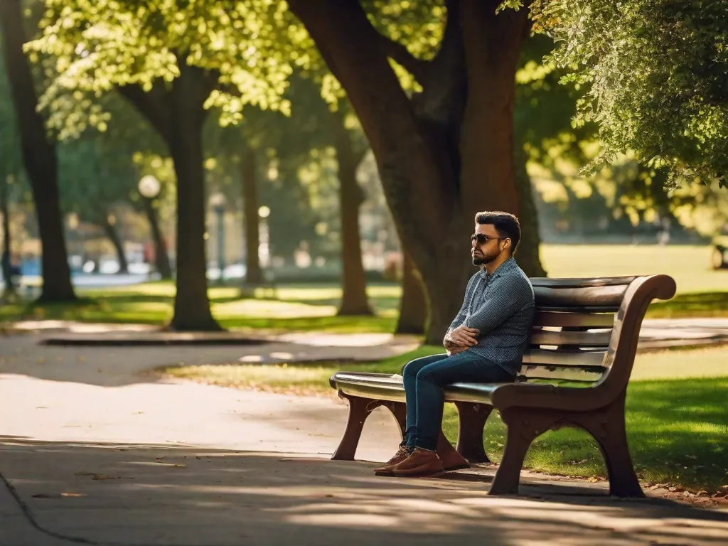 Descrição da imagem: Uma pessoa sentada sozinha em um banco de parque, absorta em pensamentos. A luz do sol atravessa as árvores, lançando um brilho quente em seu rosto. Sua postura corporal reflete introspecção e contemplação, enquanto se envolve em um momento de autorreflexão e explora seus pensamentos e emoções internas.