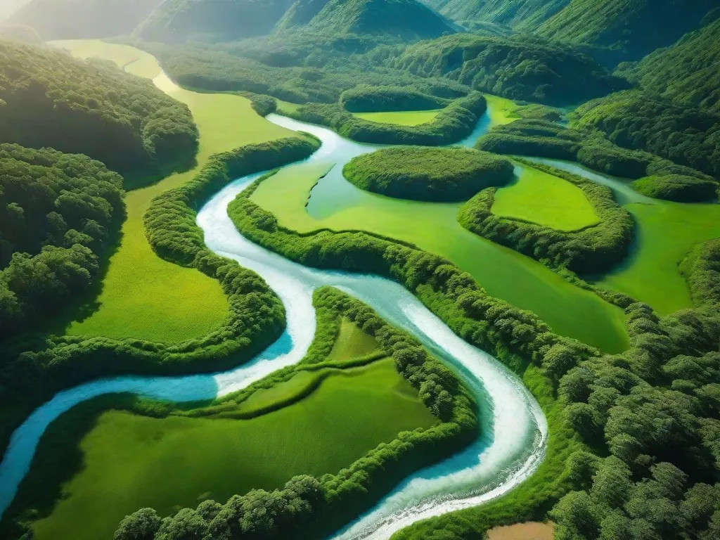 Descrição: Uma impressionante vista aérea de um rio sinuoso que flui por uma paisagem verde exuberante. A água cristalina brilha sob a luz do sol, mostrando a intrincada rede de afluentes e canais que compõem o sistema hidrológico. A imagem captura a beleza e a importância da hidrologia na formação do nosso ambiente natural.