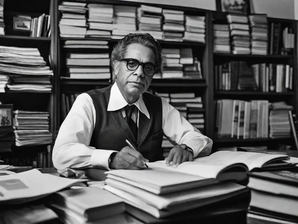 Uma fotografia em preto e branco captura Rubem Fonseca, renomado escritor brasileiro, sentado em sua mesa, cercado por pilhas de livros e papéis. A intensidade em seus olhos reflete a profundidade de seu gênio literário, enquanto o espaço de trabalho bagunçado reflete o caos criativo de onde emergem suas histórias cativantes.