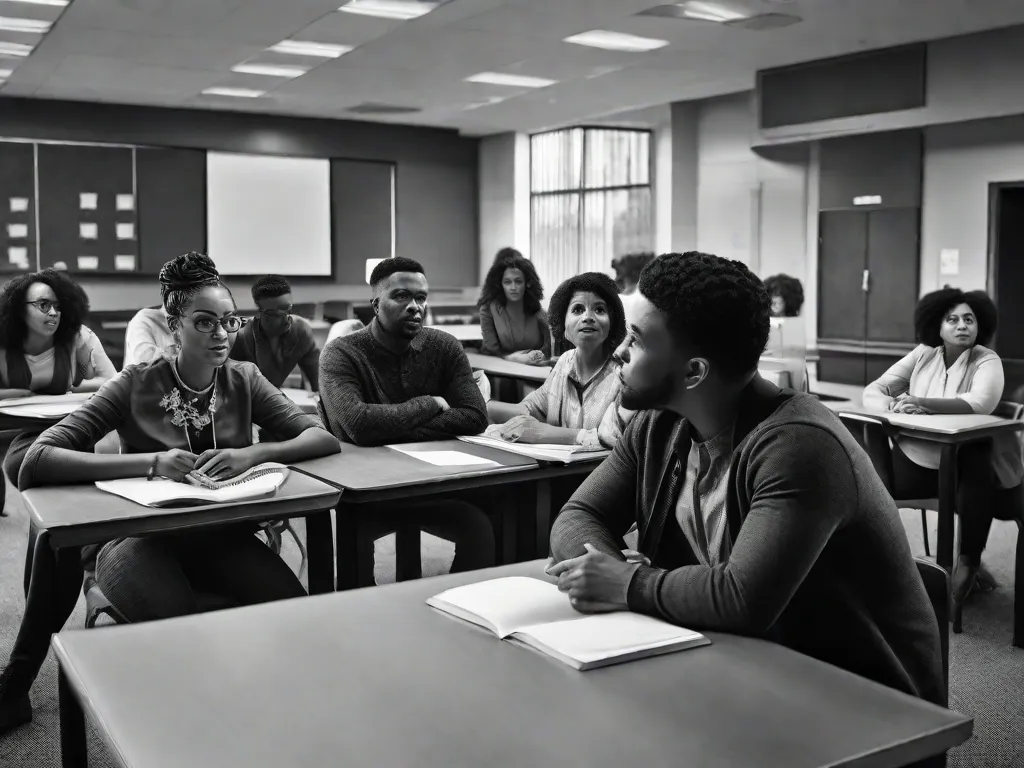 Uma imagem em preto e branco de um grupo diversificado de adultos sentados em uma sala de aula, envolvidos em uma discussão animada. A imagem captura a essência da sociologia da educação, mostrando a importância de estudar as dinâmicas sociais e estruturas que influenciam a aprendizagem e os sistemas educacionais.