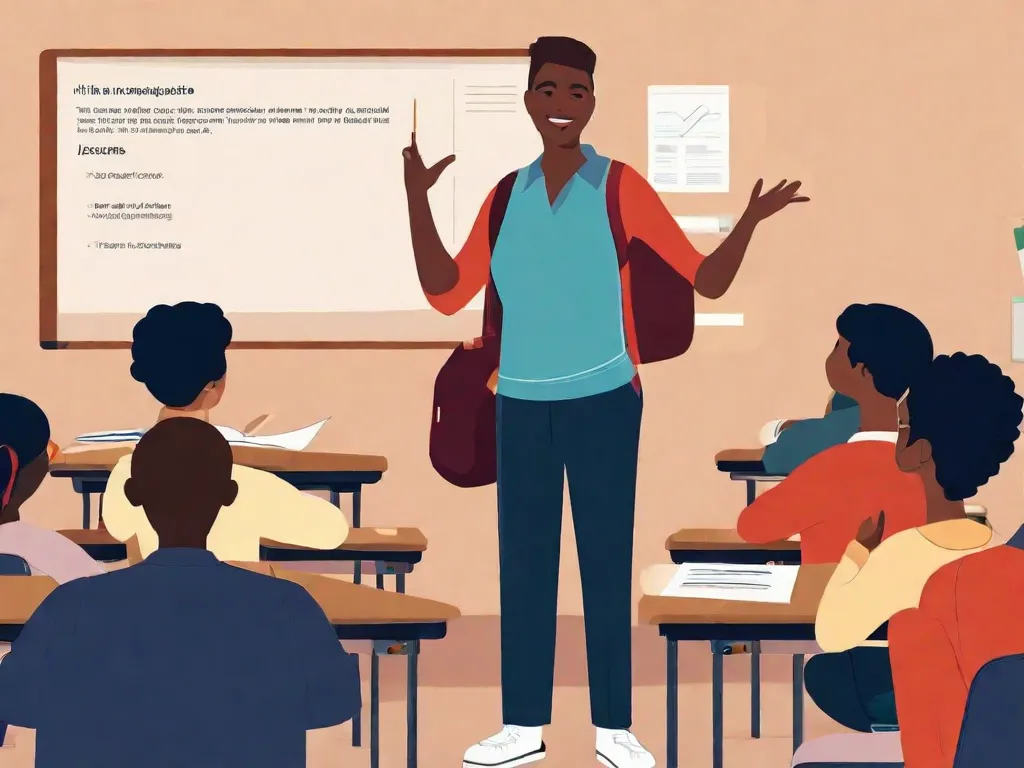 Descrição da imagem: Um grupo de estudantes diversos, com idades e origens culturais variadas, sentados em uma sala de aula engajados em uma discussão animada. O professor, com um sorriso acolhedor, está na frente da sala, facilitando a conversa. A imagem captura a essência da sociologia da educação, destacando a importância da educação inclusiva e do desenvolvimento de um senso de