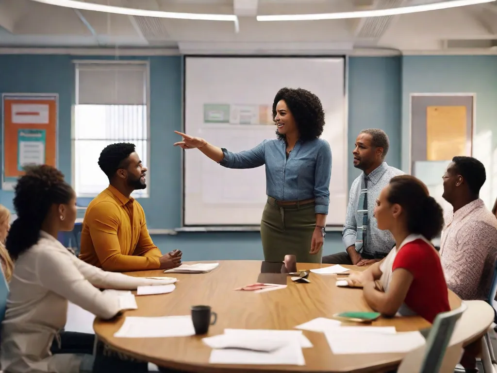 Uma imagem em preto e branco de um grupo diversificado de adultos sentados em uma sala de aula, envolvidos em uma discussão animada. A imagem captura a essência da sociologia da educação, mostrando a importância de estudar as dinâmicas sociais e estruturas que influenciam a aprendizagem e os sistemas educacionais.