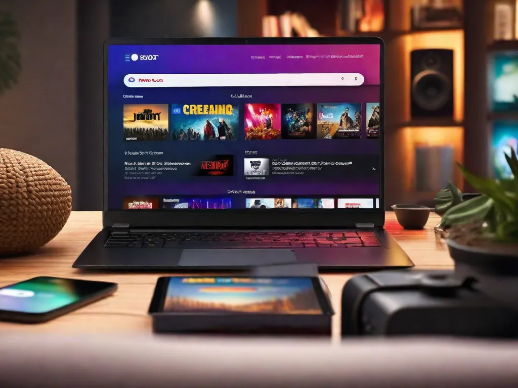 Uma tela de laptop exibindo uma interface vibrante de uma plataforma de streaming, com uma variedade de filmes e programas de TV disponíveis para streaming. A imagem destaca a conveniência e o valor de entretenimento dos serviços de streaming, com uma sala aconchegante ao fundo, criando uma atmosfera perfeita para uma noite de cinema.