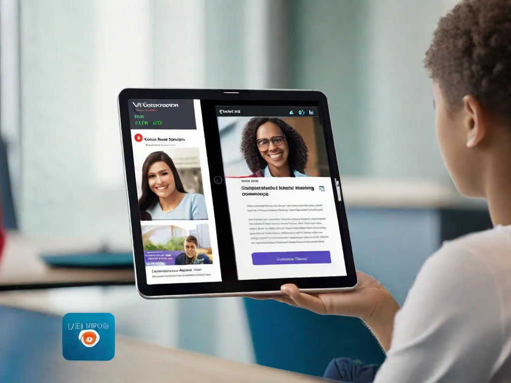 Uma imagem em close-up de uma tela de tablet exibindo uma interface de sala de aula virtual. A tela mostra materiais de aprendizagem interativos, capacidades de videoconferência e uma caixa de chat para comunicação entre alunos e professores. A imagem captura a integração da tecnologia na educação, possibilitando o aprendizado remoto e promovendo experiências educacionais interativas e envolventes.
