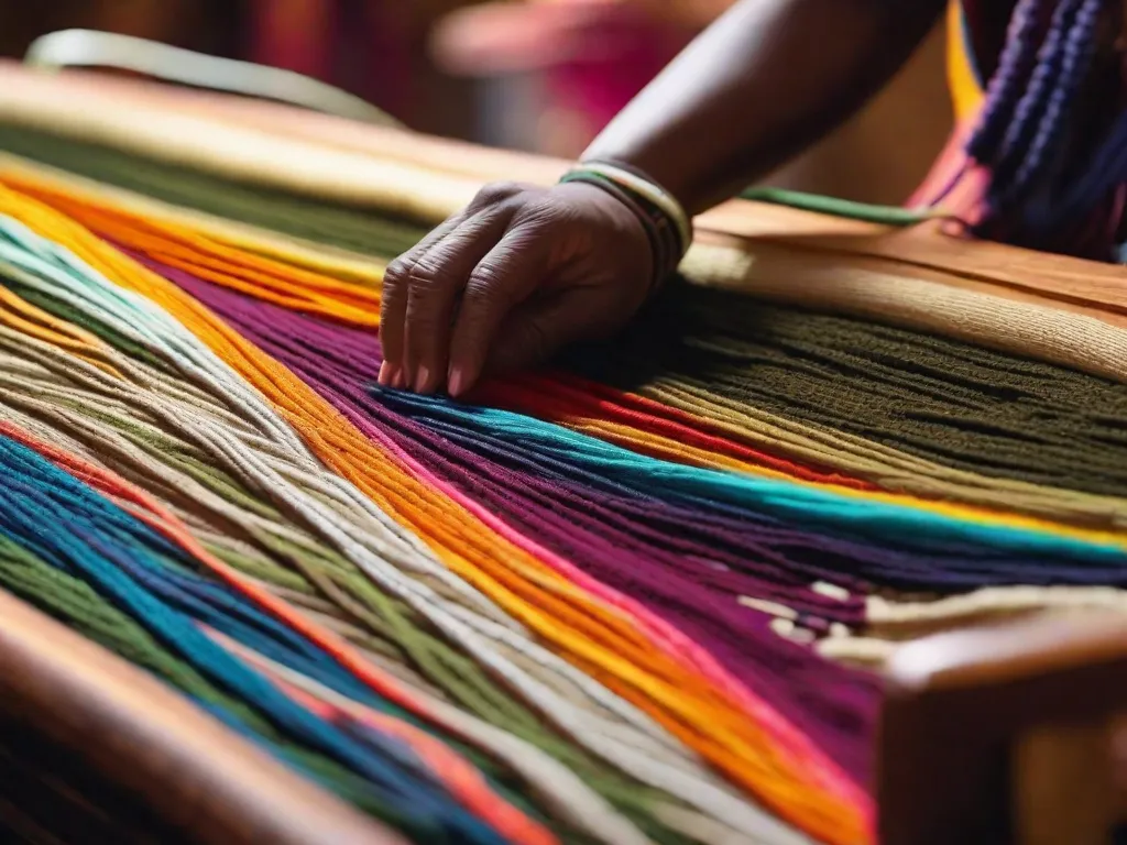 Uma imagem em close-up de mãos delicadamente tecendo fios coloridos em uma bela tapeçaria. Os padrões e texturas intricados mostram a arte e habilidade do artesão, capturando a essência da arte tradicional e a beleza das criações feitas à mão.