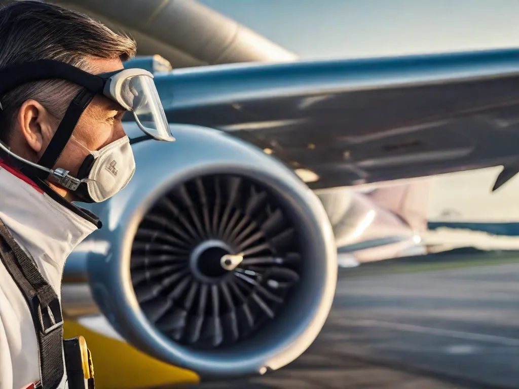 Uma imagem em close-up de um técnico habilidoso usando equipamento de proteção, inspecionando meticulosamente o motor de um avião. A expressão concentrada do técnico e os detalhes intricados das peças do motor destacam a importância da manutenção de aeronaves para garantir voos seguros e eficientes.