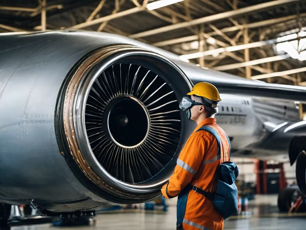 Uma imagem em close-up de um técnico habilidoso usando equipamento de proteção, inspecionando meticulosamente o motor de um avião. A expressão concentrada do técnico e os detalhes intricados das peças do motor destacam a importância da manutenção de aeronaves para garantir voos seguros e eficientes.