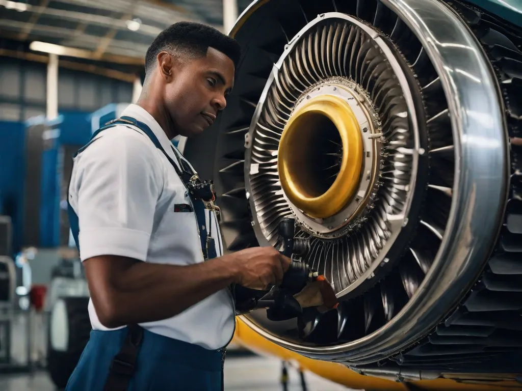 Uma imagem em close-up de um técnico aeronáutico habilidoso usando equipamento de proteção, inspecionando e realizando a manutenção do motor de um avião comercial. A expressão concentrada do técnico e a maquinaria intricada transmitem a importância da manutenção meticulosa para garantir uma viagem aérea segura e eficiente.