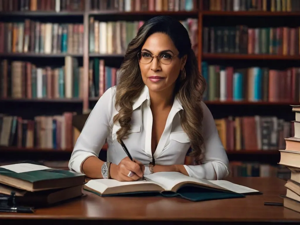 Descrição: Uma imagem vibrante e energética apresentando Thalita Rebouças, uma renomada autora brasileira. Ela está segurando uma caneta e um caderno, rodeada por um cenário colorido que representa seu mundo criativo. A imagem captura sua paixão pela narrativa e sua habilidade de se conectar com leitores de todas as idades através de seus livros cativantes.