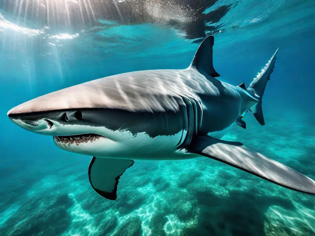 Descrição: Uma imagem impressionante de um tubarão majestoso deslizando sem esforço por águas cristalinas e turquesa. Seu corpo elegante e poderoso corta as ondas, revelando fileiras de dentes afiados e uma sensação de beleza e perigo ao mesmo tempo. A presença do tubarão em seu habitat natural simboliza as maravilhas impressionantes do oceano e a incr