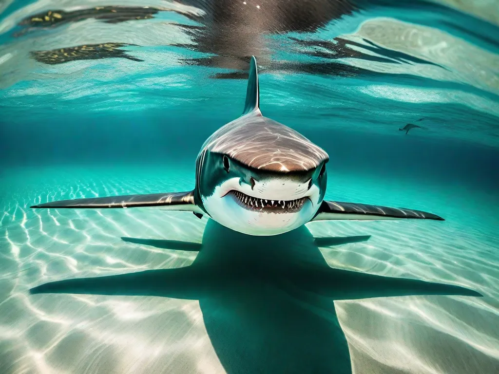 Descrição: Uma imagem impressionante de um tubarão majestoso deslizando sem esforço por águas cristalinas e turquesa. Seu corpo elegante e poderoso corta as ondas, revelando fileiras de dentes afiados e uma sensação de beleza e perigo ao mesmo tempo. A presença do tubarão em seu habitat natural simboliza as maravilhas impressionantes do oceano e a incr