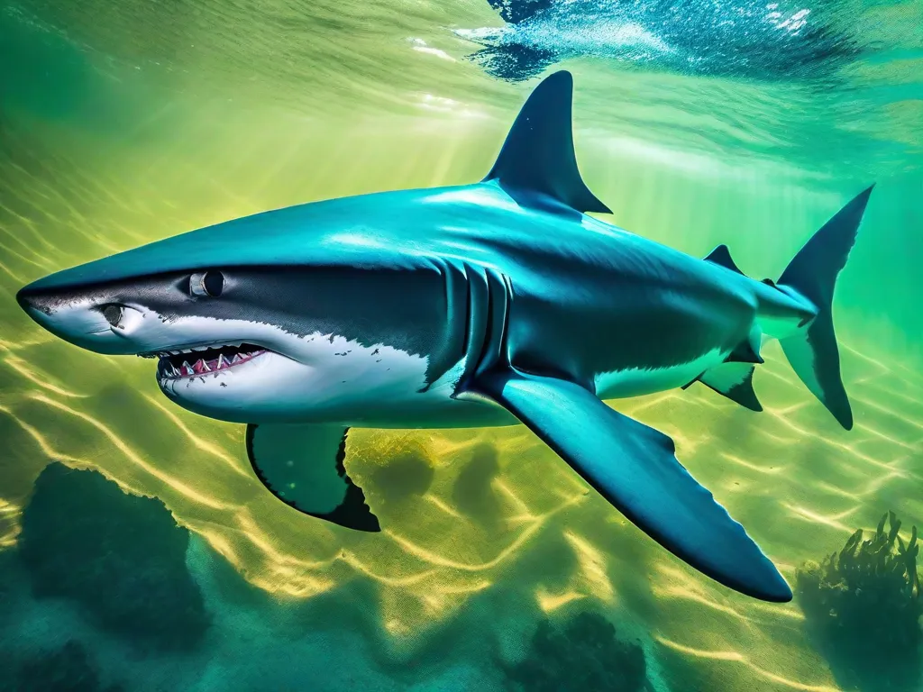 Uma imagem deslumbrante de um tubarão majestoso deslizando pelas águas cristalinas e turquesa, seu corpo elegante cortando as ondas com uma graça sem esforço. Seus dentes afiados e presença poderosa capturam a beleza crua e inspiradora dessas criaturas magníficas.