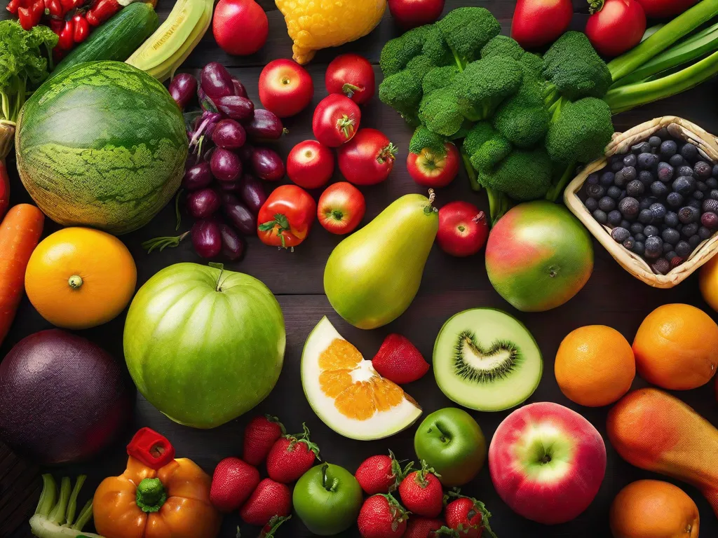 Descrição: Uma imagem vibrante e colorida mostrando uma variedade de frutas frescas, legumes e ingredientes à base de plantas. A foto captura a essência do veganismo, com uma variedade de cores vibrantes que destacam a beleza natural e a diversidade dos alimentos à base de plantas.