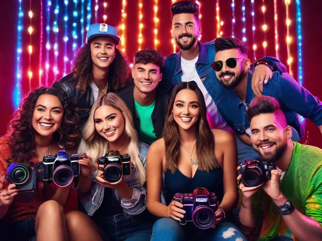 Uma imagem vibrante mostrando um grupo de YouTubers entusiasmados, cada um segurando suas câmeras e vestindo roupas modernas. Eles estão rodeados por luzes coloridas e adereços, capturando sua paixão por criar conteúdo envolvente e se conectar com seu público online.