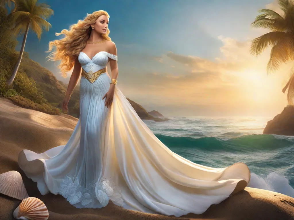 Uma bela ilustração retrata Afrodite, a deusa grega do amor e da beleza, de pé graciosamente em uma concha enquanto ela desliza pelas ondas. Seus cabelos dourados fluindo e seu sorriso radiante cativam todos que a contemplam, incorporando o encanto atemporal dos romances míticos.