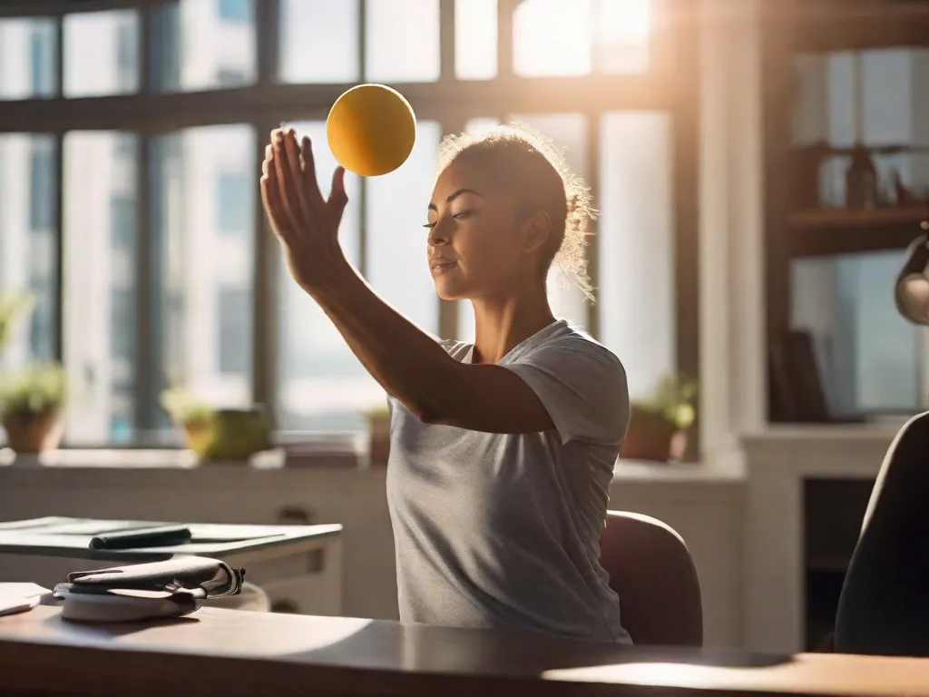 Descrição da imagem: Uma pessoa sentada em uma mesa, esticando os braços e ombros. Ela está segurando uma bola antiestresse em uma mão e usando um rolo de espuma no antebraço. O ambiente está bem iluminado com luz solar natural, criando uma atmosfera calma e tranquila.