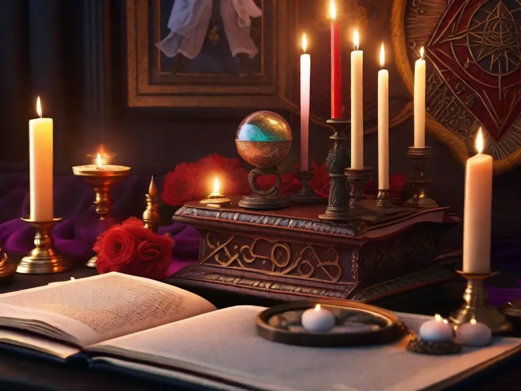 Uma imagem vibrante de um altar místico adornado com vários objetos simbólicos, como um pentagrama, uma bola de cristal, um antigo livro de feitiços e velas acesas. Os símbolos emitem uma energia cativante, representando o poder que possuem na prática da magia.