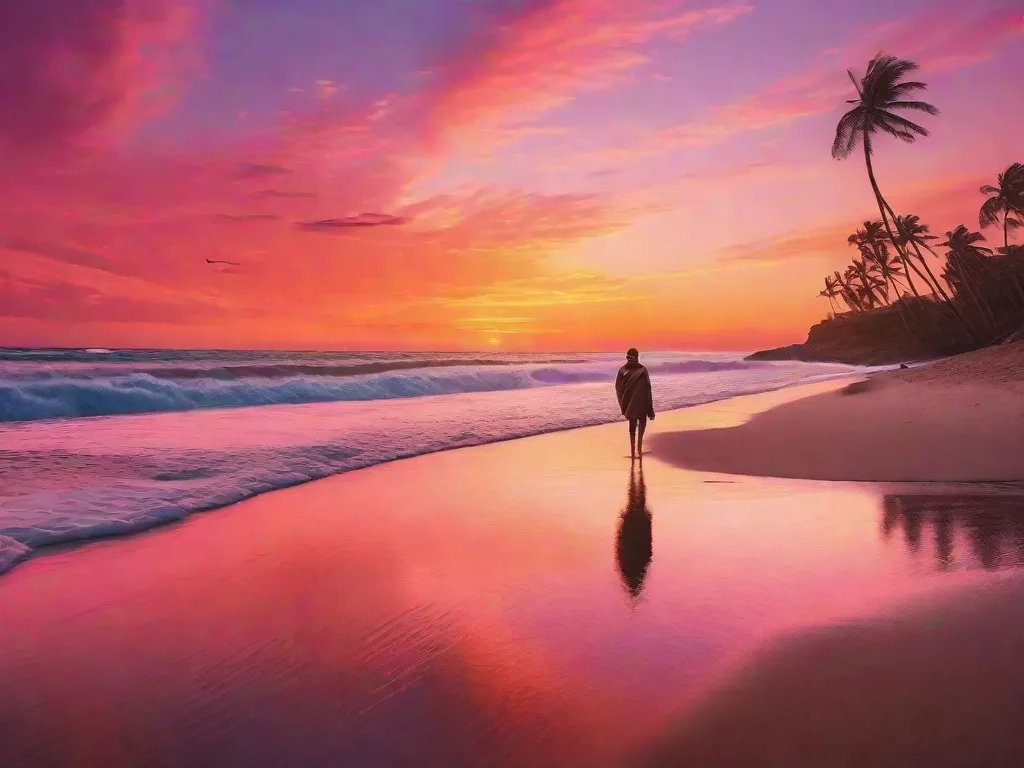 Um amanhecer tranquilo sobre uma praia serena, com tons vibrantes de laranja e rosa se espalhando pelo céu. As ondas suaves beijam a costa enquanto uma figura solitária se ergue, braços estendidos, banhando-se na energia renovadora do momento.