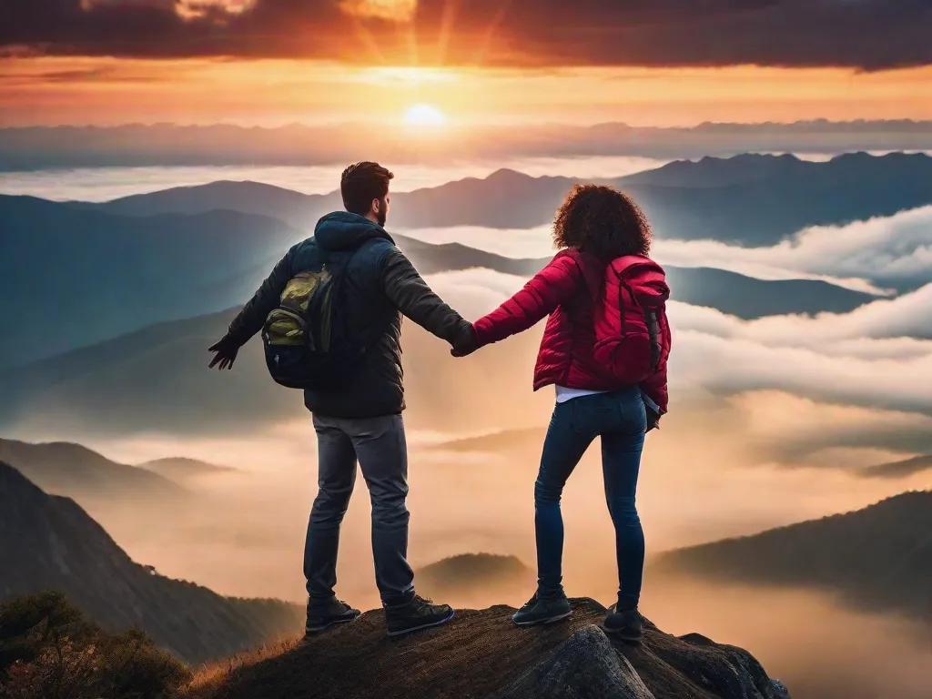 Uma foto de duas pessoas em pé no topo de uma montanha, com os braços estendidos, simbolizando o poder transformador das amizades. O vibrante pôr do sol ao fundo representa a beleza e o calor que laços fortes podem trazer para nossas vidas.