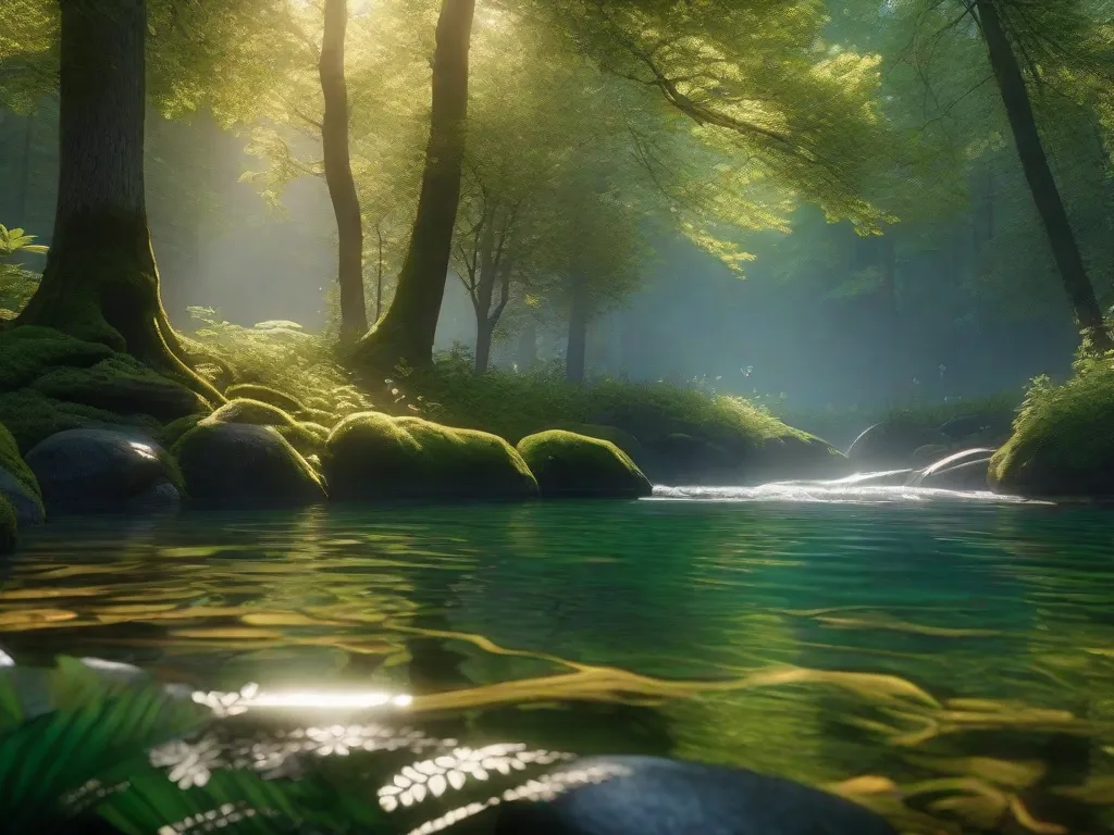 A imagem retrata uma deslumbrante animação hiper-realista de uma cena serena de floresta. Cada detalhe é meticulosamente trabalhado, desde as cores vibrantes da folhagem até as suaves ondulações no lago de águas cristalinas. O nível de realismo é tão fascinante que borra a linha entre fantasia e realidade.