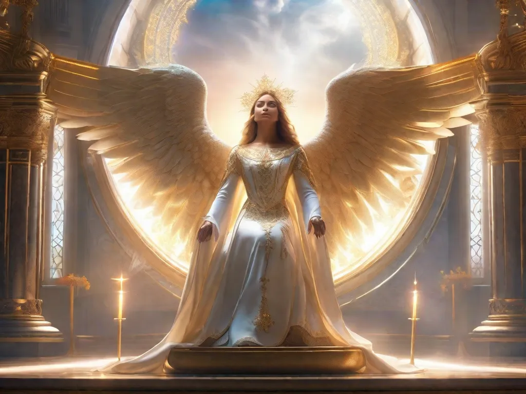 No reino celestial, os anjos se reúnem em uma magnífica demonstração de adoração. Com suas asas radiantes estendidas, eles se curvam diante de um trono majestoso, seus rostos brilhando com reverência e admiração. A luz etérea ilumina suas formas graciosas, criando uma sinfonia celestial de adoração e devoção.