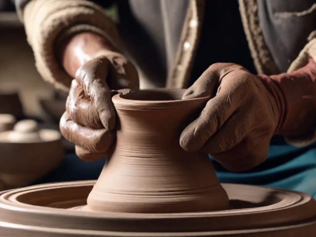 Uma imagem em close das mãos de um ceramista moldando cuidadosamente argila em uma roda de cerâmica, capturando a dedicação e precisão do artista em criar detalhes intricados. O foco está nas mãos, mostrando a busca pela perfeição em cada traço e movimento.