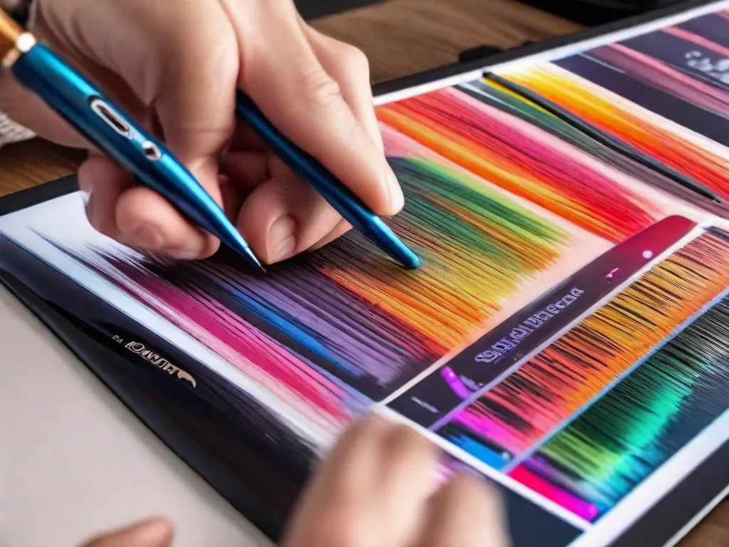 Uma imagem em close-up da mão de um artista segurando uma caneta digital com uma ponta de pincel personalizada. As cores vibrantes na tela se misturam perfeitamente enquanto o artista cria sem esforço uma obra-prima em uma tela digital, mostrando a versatilidade e criatividade de usar pincéis personalizados na pintura digital.