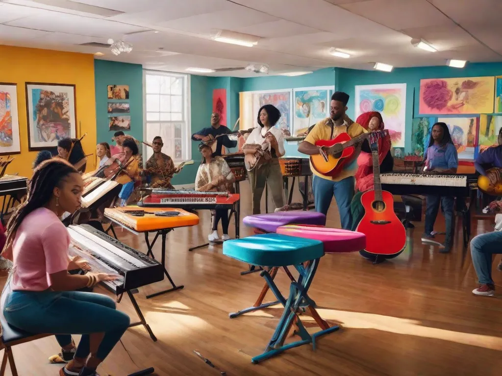 Uma imagem vibrante mostrando um grupo de indivíduos diversos envolvidos em uma aula de música, dança e artes visuais. A sala está cheia de instrumentos coloridos, cavalete e adereços de dança, enquanto os participantes expressam sua criatividade e paixão por meio de várias formas artísticas. O ambiente é animado e cheio de energia artística.