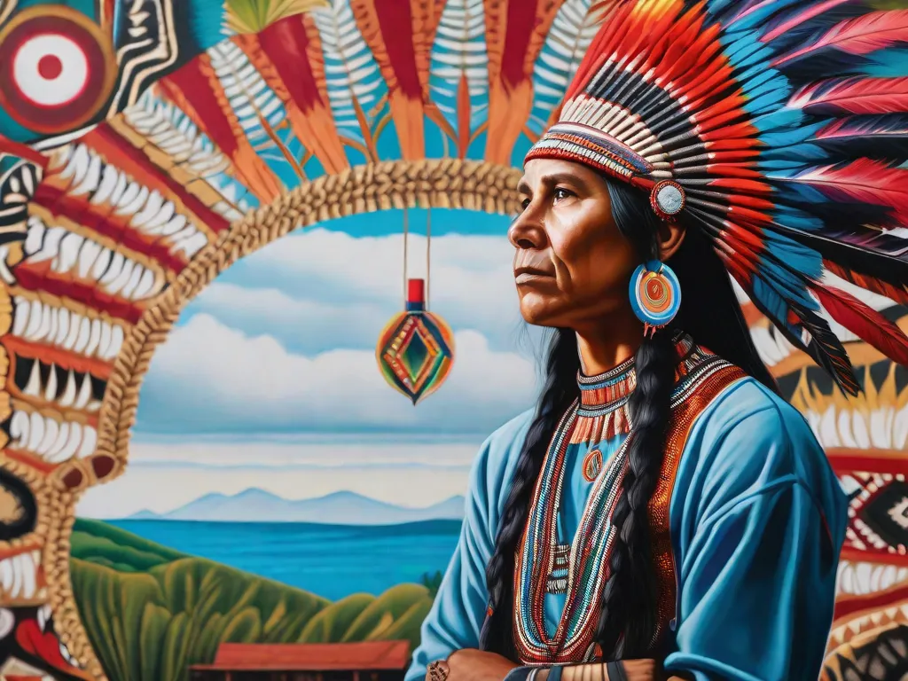 Na imagem, é exibida uma vibrante pintura de um artista indígena nativo. A obra de arte representa a fusão de símbolos indígenas tradicionais e técnicas artísticas contemporâneas, capturando a essência da poesia indígena como uma forma poderosa e inovadora de autoexpressão.