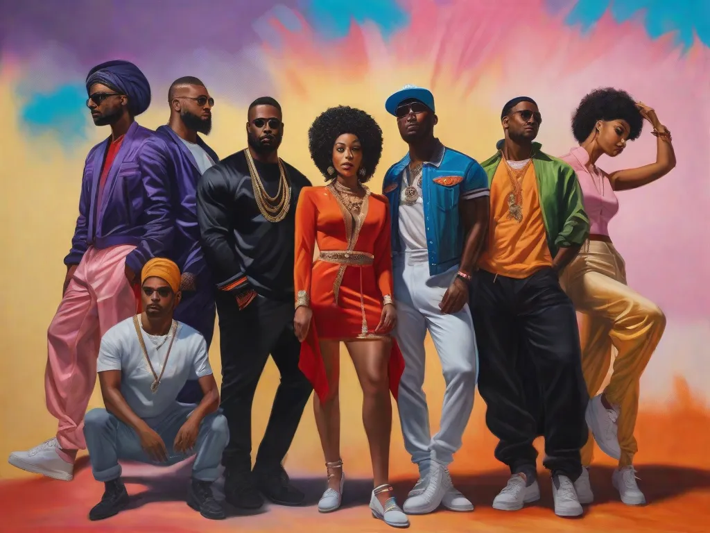 Uma pintura vibrante que mostra a representação de indivíduos negros na arte. Uma imagem poderosa de um grupo diversificado de artistas, cada um expressando suas perspectivas únicas através de seu trabalho. As cores e pinceladas simbolizam a riqueza e diversidade da cultura negra, destacando a importância da inclusão e representação no mundo da arte.