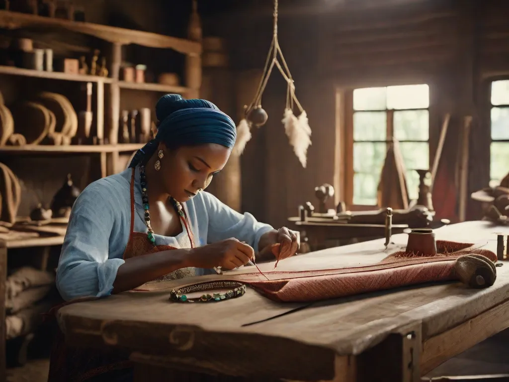 Uma imagem retratando um habilidoso artesão sentado em uma bancada de trabalho de madeira, costurando cuidadosamente uma linda peça de roupa. As mãos do artesão, adornadas com joias delicadas, manobram delicadamente a agulha e a linha, mostrando a habilidade intricada e a atenção aos detalhes que são empregadas na produção da moda lenta.