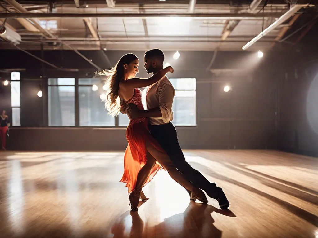 Uma imagem vibrante de um casal dançando graciosamente a bachata em um estúdio de dança moderna. Seus movimentos são fluidos e expressivos, mostrando a fusão dos passos tradicionais da bachata com técnicas de dança contemporânea. A atmosfera está cheia de paixão e energia, capturando a presença inegável da bachata no mundo da dança contemporânea.