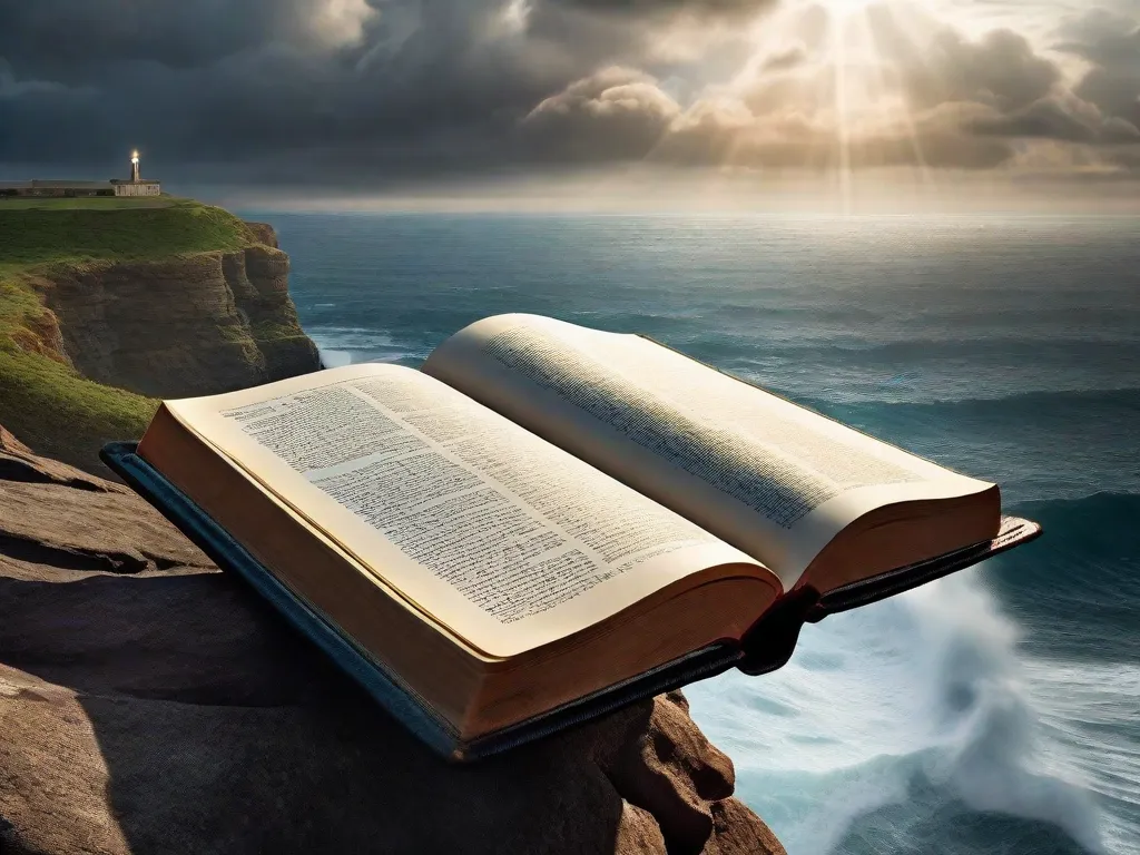 Uma foto de uma Bíblia aberta descansando em um penhasco rochoso com vista para um oceano tempestuoso. As páginas são suavemente iluminadas por um raio de sol que atravessa as nuvens escuras, simbolizando a orientação e o conforto que a Bíblia proporciona durante tempos desafiadores.