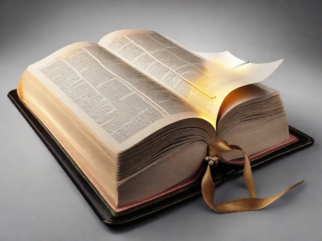 Descrição da imagem: Um close de uma Bíblia aberta, com raios de luz brilhando através das páginas. As palavras na página estão destacadas, enfatizando a mensagem de esperança e orientação encontrada na Bíblia.