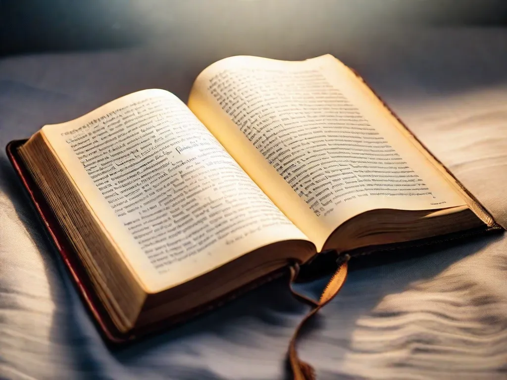 Descrição da imagem: Um close de uma Bíblia aberta com raios de luz solar atravessando as páginas. O versículo destacado diz: 