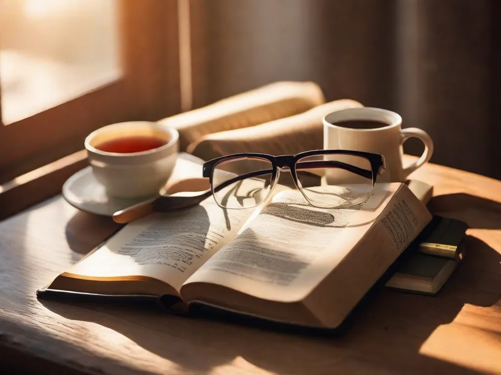 Uma foto de uma Bíblia aberta descansando em uma mesa de madeira, cercada por um aconchegante cantinho de leitura com uma xícara de chá, um par de óculos de leitura e um diário. A luz solar quente que entra por uma janela próxima acrescenta à atmosfera tranquila e convidativa, enfatizando a importância da leitura bíblica.