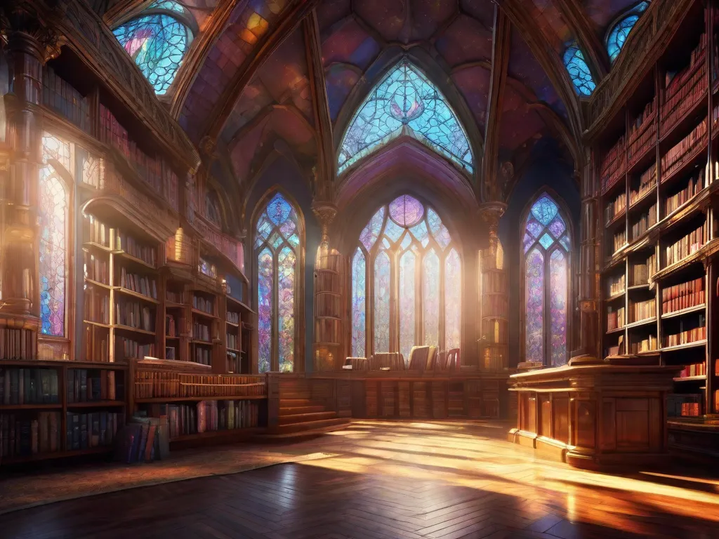 Uma imagem deslumbrante de uma biblioteca mística com prateleiras imponentes cheias de livros de fantasia. Raios de luz suave filtram-se pelas janelas de vitrais, iluminando o ambiente e criando uma atmosfera encantadora. Os livros parecem ganhar vida, convidando os leitores a embarcar em jornadas incríveis por mundos mágicos.