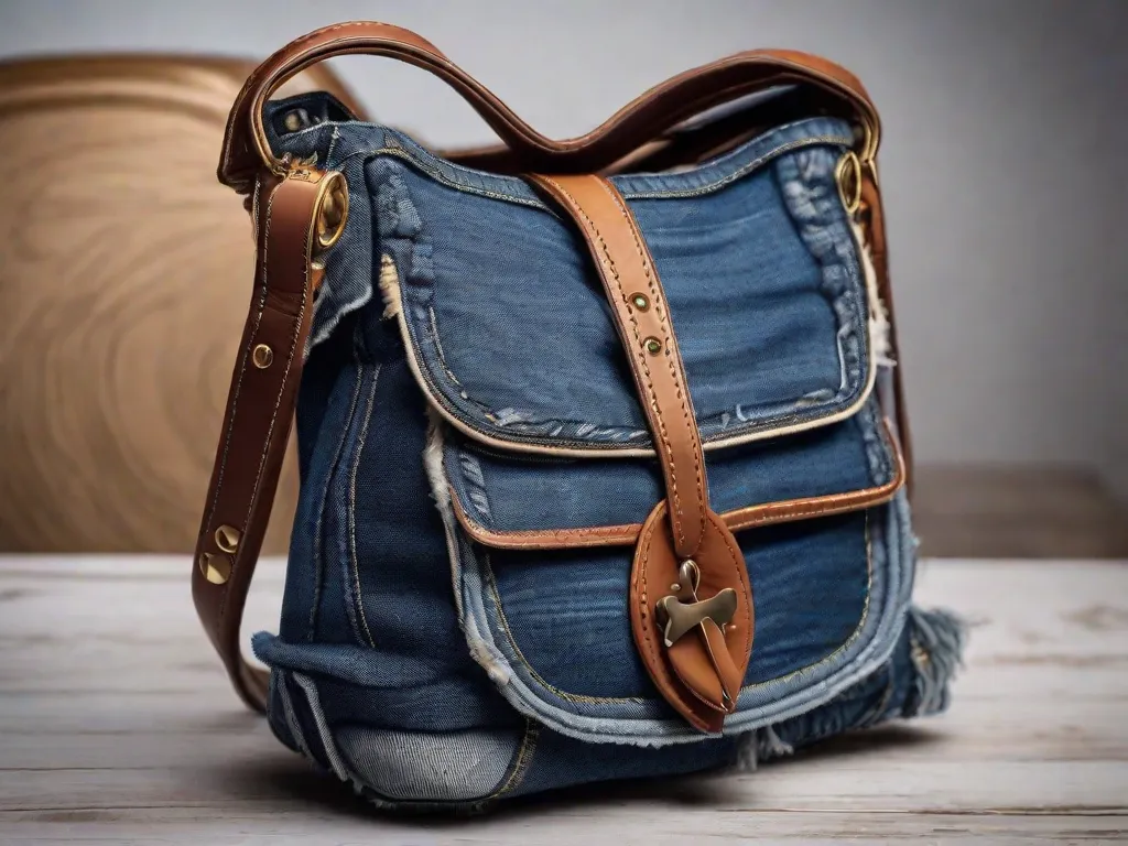 Uma imagem de uma bolsa elegante feita a partir de jeans reaproveitado, mostrando a criatividade e inovação do upcycling. A bolsa apresenta padrões de costura e enfeites exclusivos, destacando como materiais descartados podem ser transformados em acessórios fashion.