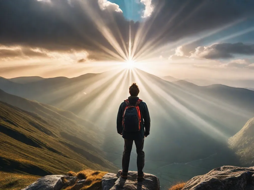 Uma foto de uma pessoa em pé no topo de uma montanha, com os braços estendidos em direção ao céu, com raios de sol rompendo as nuvens, simbolizando a busca por respostas e orientação divina.